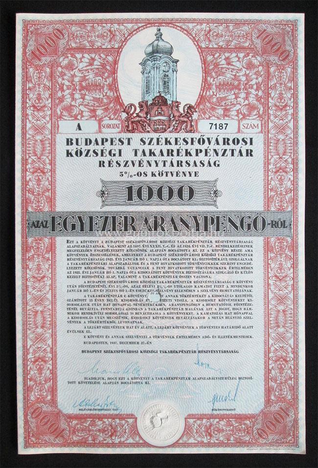 Budapest Szkesfvrosi Kzsgi Takarkpnztr ktvny 1000 aranypeng 1937